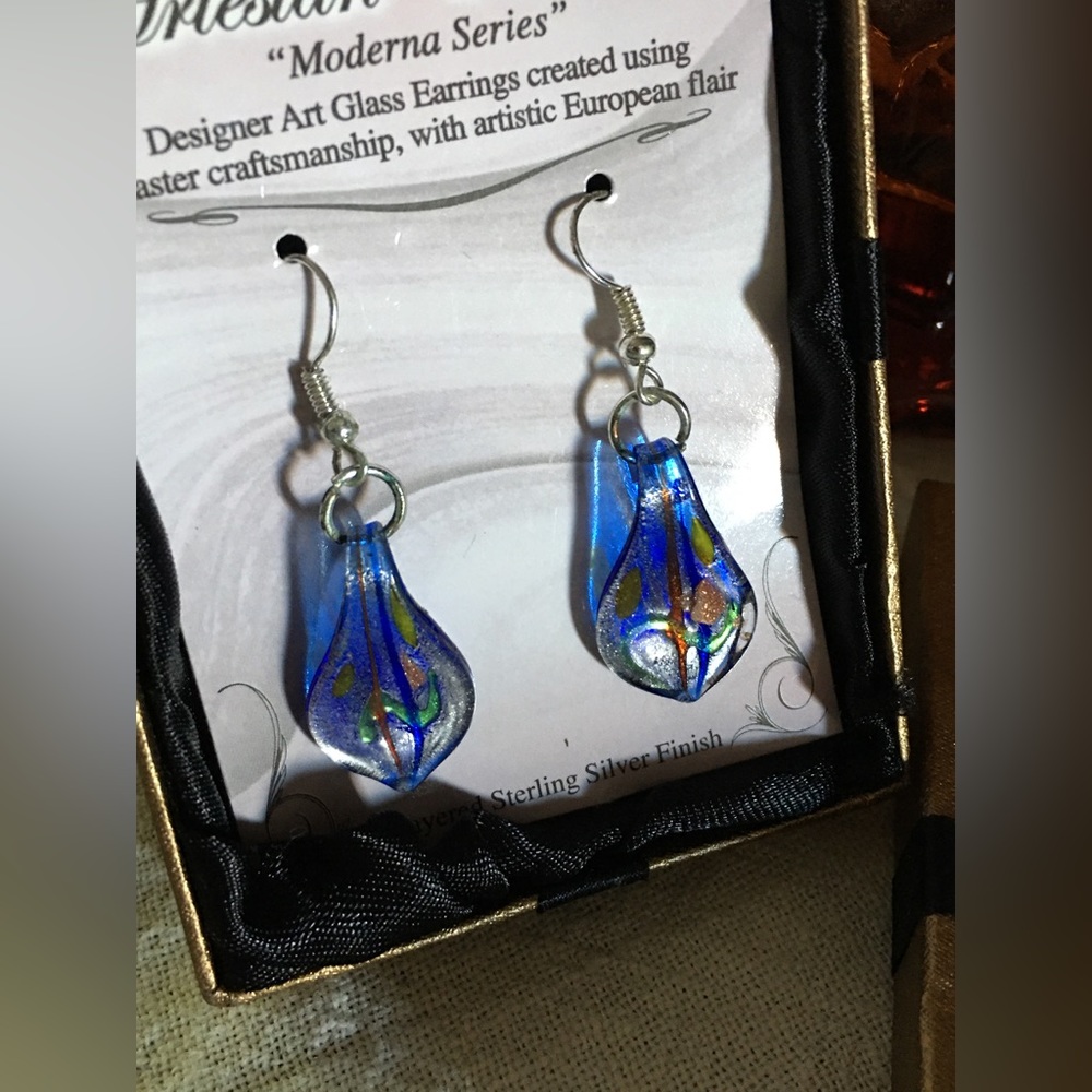 NEW Art Glass Layered Sterling Silver Cobalt Earrings ‘Moderna Series’  Artesian